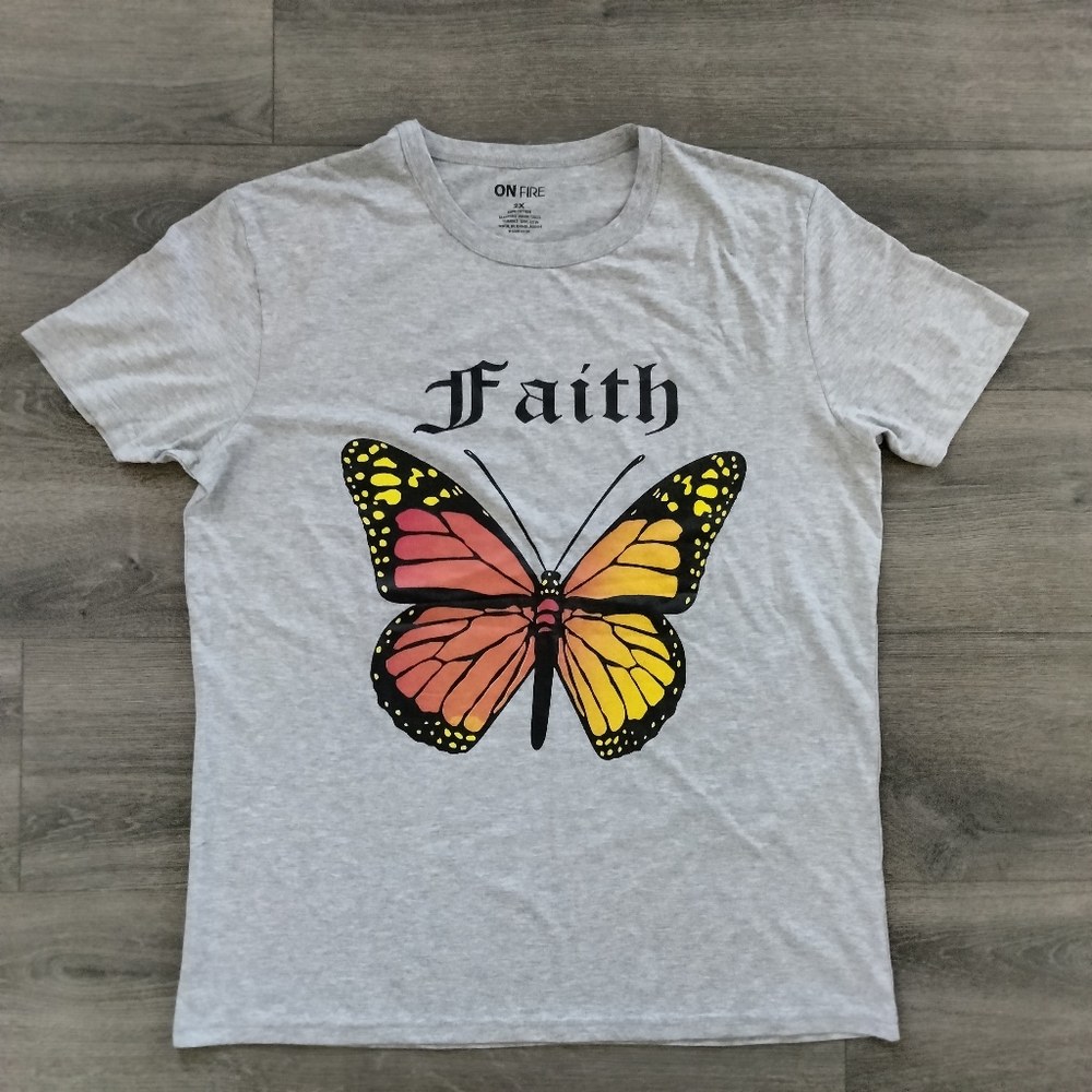 On Fire Faith Butterfly Gray T-Shirt Short Sleeve 100% Cotton Plus Size 2X